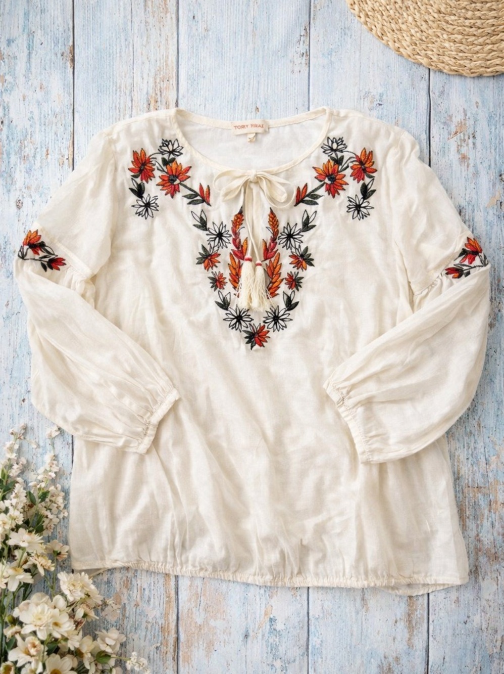 Tory Burch Embroidered Floral Tassel Tie Peasant Blouse Ivory Cotton Size 14